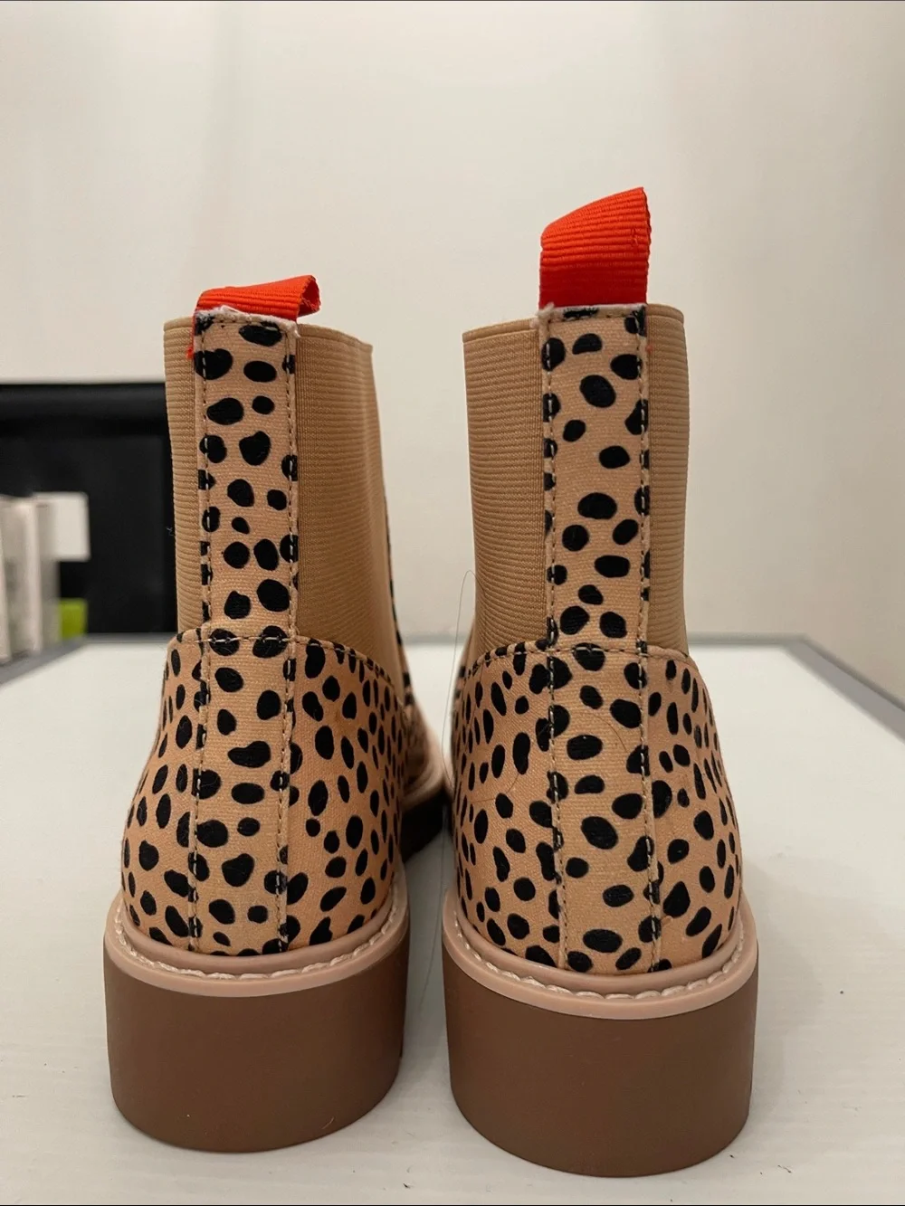 Dolce Vita Leopard Print Chelsea Boot in Tan and Black with Red Pull Tab Women’
